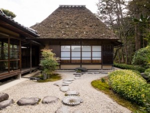 Japanese rock garden with tea house